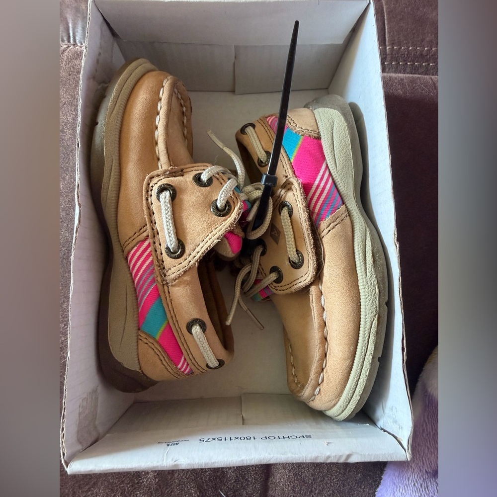 Toddler Tan Boat Shoes with Pink & Teal Accents